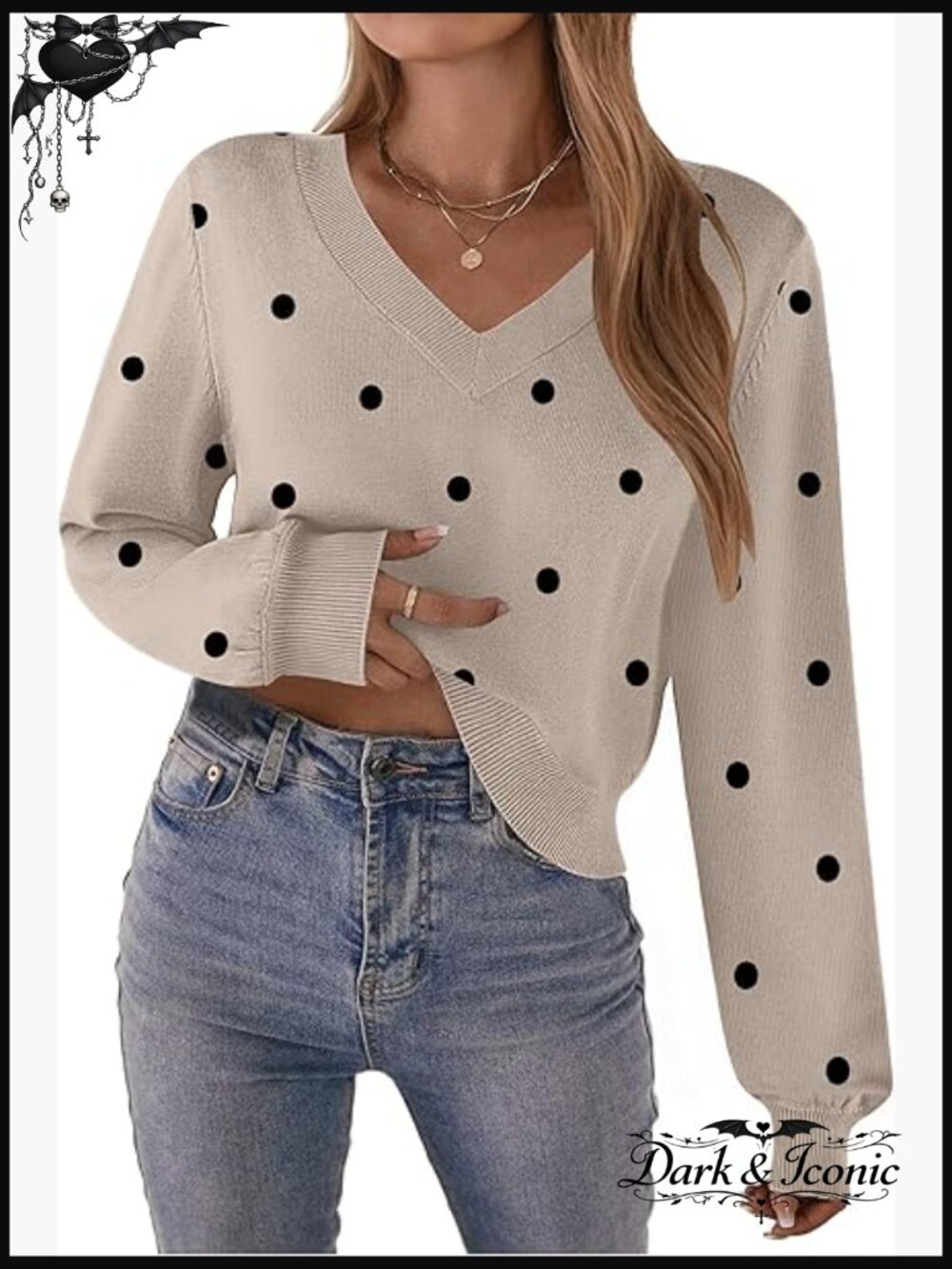 V-Neck Cropped Sweater Long Lantern Sleeve Ribbed Knit Pullover